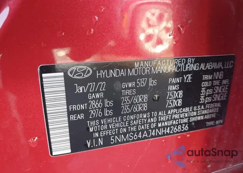 2022 Hyundai Santa Fe Xrt z USA, uszkodzony, nr VIN 5NMS64AJ4NH426836